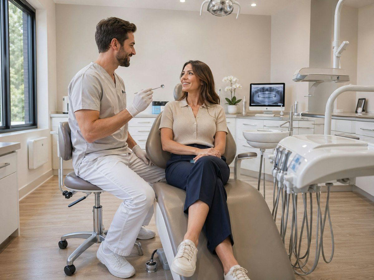 Paciente conversando con su dentista en el consultorio